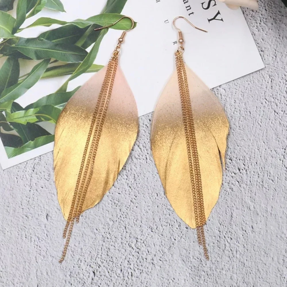 Exotic Feather Dipped in Gold Long Earring - Picture 3 of 5